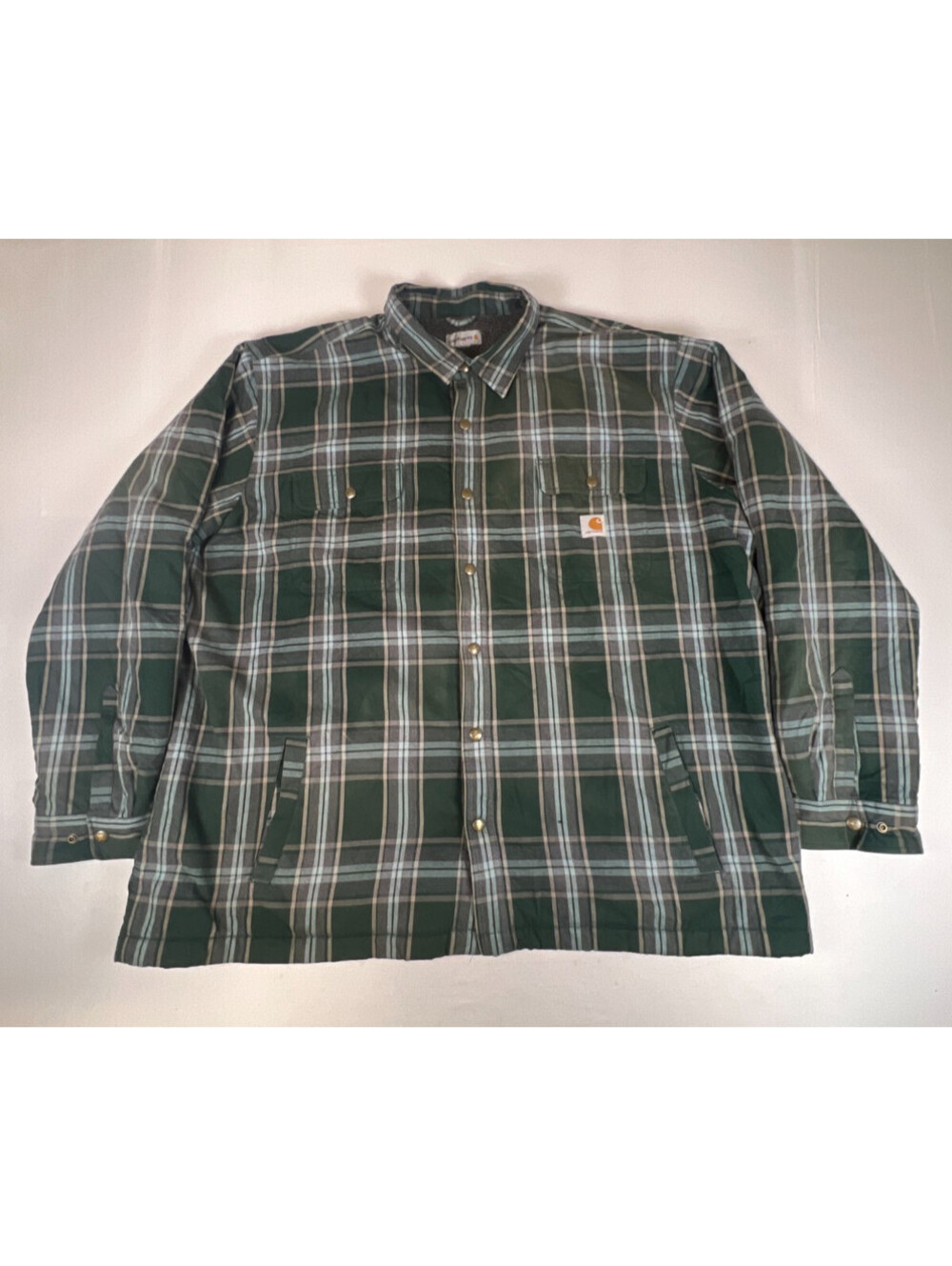 Carhartt Men 4XL Regular Green Plaid Cotton Blend Sherpa Lined Shirt Jacket